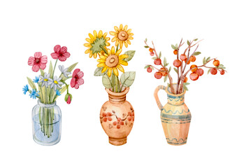Watercolor illustrations with bouquets of flowers in jugs in the Ukrainian style. (Sunflower flowers in an ethnic jug, still life with apple branches, bouquet with poppies, daisies and cornflowers)