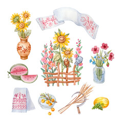 A set of watercolor drawings in the Ukrainian style (a woven fence with sunflowers and mallows, traditional embroidered towels, bouquets, a sickle with ears of wheat, a watermelon, a melon, apples in 