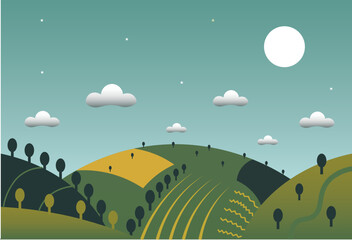 Cartoon rural landscape with green hills and farmlands. Vector illustration