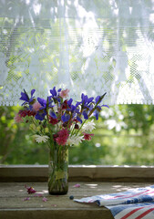 colorful bright bouquet of purple irises and pink Aquilegia flowers in a green glass on a rough wooden window with a white curtain