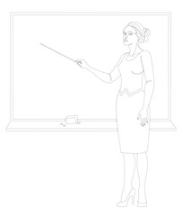 Silhouette of a girl in a modern single line style. A woman teacher stands at the blackboard. Continuous line, decor aesthetic outline, posters, wall art, stickers, logo. Vector illustration.
