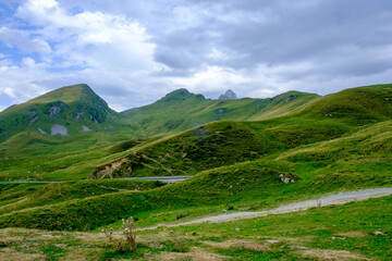 Fototapeta na wymiar Pecore al pascolo e cavalli allo stato brado sul Colle d'Aubisque, Francia, Pirenei Atlantici