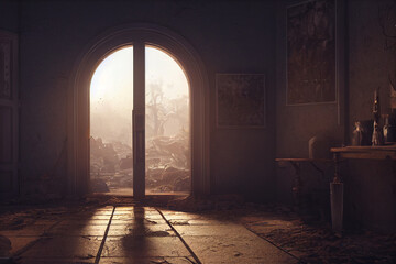 doorway to abandoned land surreal fantasy 3d illustration