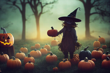 Fototapeta 3d illustration of scarecrow jack o' lantern standing in the field obraz