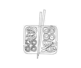 Continuous one line drawing of Sushi and Sashimi. Japanese Food Sushi line art drawing vector illustration.