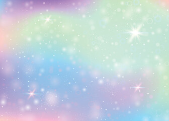 Fairy background with rainbow mesh.  Trendy universe banner in princess colors. Fantasy gradient backdrop with hologram. Holographic fairy background with magic sparkles, stars and blurs.