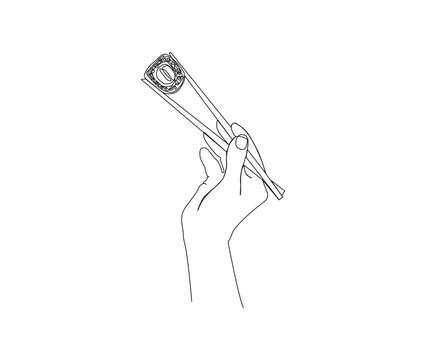 Continuous one line drawing of Hand Holding Sushi Roll. Hand with chopsticks holds sushi roll line art drawing vector illustration.
