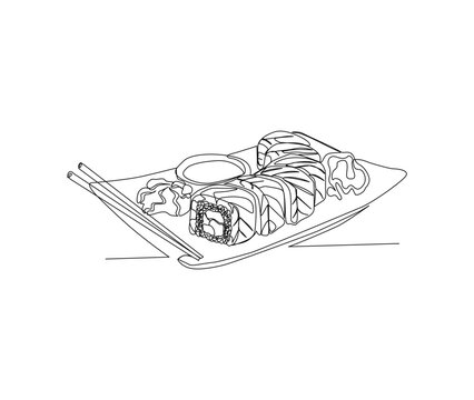 recommend clip art: Continuous one line drawing of Sushi and Sashimi. Japanese Food line art drawing vector illustration.