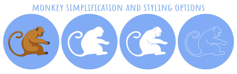 Monkey different simplification styling options icons set. Silhouette outline marmoset for transmitted by monkeys monkeypox virus infographics and other purposes, ape simple flat vector iluustration