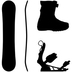Snowboard, Snowboarding equipment set snowboard board, Snowboard bindings and Snowboard boots realistic silhouette