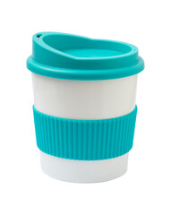 Reusable coffee mug with silicone collar and lid.