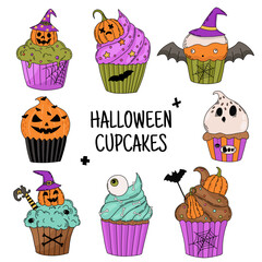 Set of cupcake on Halloween. Cute Halloween Cupcakes. Funny halloween illustration isolated on white background. Doodle style. Good for posters, t shirts, postcards, stickers. 