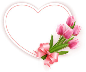 Elegant 3D realistic pink tulip flower bouquet with ribbon and heart love shape paper card