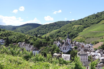 Fototapeta na wymiar Old German town in the Mosel valley surrounded bij green forests and vineyards
