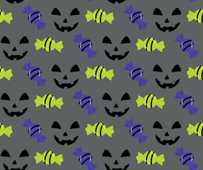 Seamless pattern with smiling faces of Halloween pumpkins or ghosts and candies on a gray background. Vector illustration