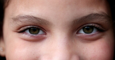 Fototapeta premium Child closing and opening eyes and smiling, macro green eyes close-up