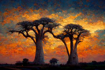 sunset with silhouettes of baobab trees in Savannah