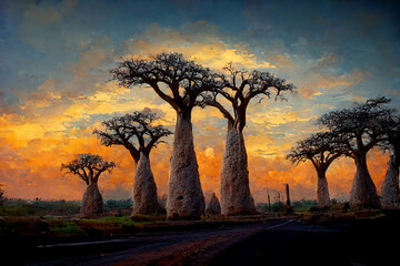 Fototapeta na wymiar Sunset in the Savannah with Baobab trees in the foreground
