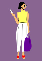 vector flat design image of a beautiful trendy girl in white pants, a yellow t-shirt and with a violet shopper stands in glasses with a phone in her hand. useful for web, graphic design, print, poster