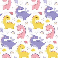 Cute Dino vector seamless pattern with Dinosaur Girls, plants, leaves, bushes, stones