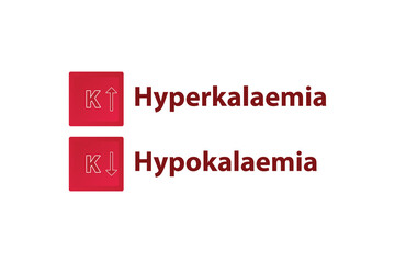 Hyperkalaemia and Hypokalaemia – Potassium K excess and deficit electrolyte disorder, red and white arrow icon vector illustration