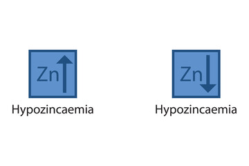 Hypozincaemia and Hypozincaemia – Zinc Zn excess and deficit electrolyte disorder, blue arrow icon vector illustration