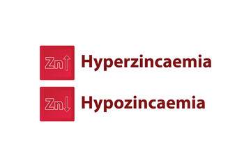 Hypozincaemia and Hypozincaemia – Zinc Zn excess and deficit electrolyte disorder, red and white arrow icon vector illustration