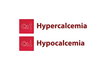 Hypercalcemia and Hypercalcemia – Calcium Ca excess and deficit electrolyte disorder, red and white arrow icon vector illustration