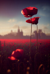 Obraz premium Greeting card for Remembrance Day with field of poppies, sky and blurred city in the background, copyright space, vertical 3D illustration