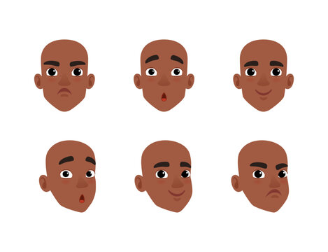 Face of teenage African American boy with different emotions set. Cute teenager character creation, constructor for animation cartoon vector illustration