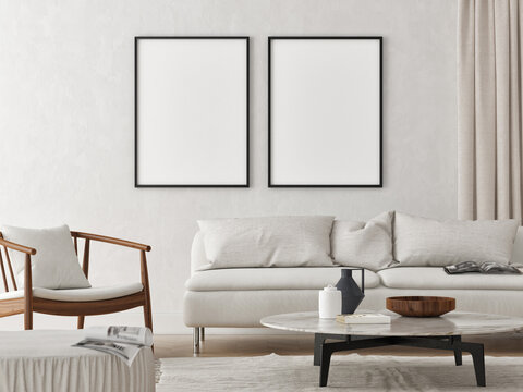 Blank posters in white living room, comfortable furniture, white background. 