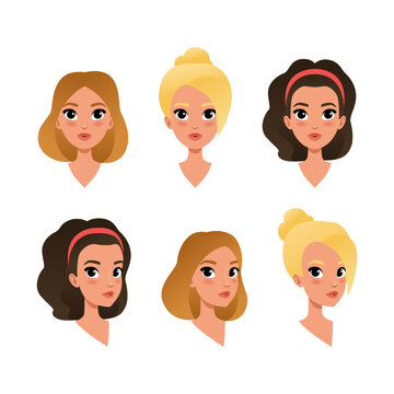Cute teenage girls heads set. Children characters creation, constructor for animation cartoon vector illustration