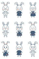 Bunny doodle collection in cartoon style isolated on white background. Vintage nature vector graphic. Funny design element set.