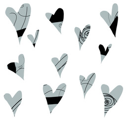 Set of grey and black hearts with abstract drawing inside for design on white background
