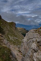 Fototapeta premium Landscape of the dolomites in the surroundings of Seceda on a cloudy day