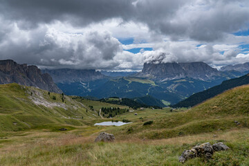 Fototapeta premium Landscape of the dolomites in the surroundings of Seceda on a cloudy day