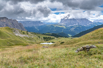 Fototapeta na wymiar Landscape of the dolomites in the surroundings of Seceda on a cloudy day