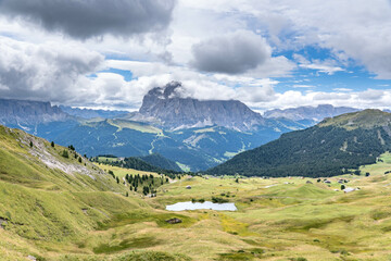 Fototapeta premium Landscape of the dolomites in the surroundings of Seceda on a cloudy day