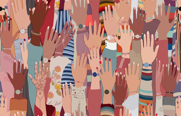 Seamless pattern background with group of raised hands of women of diverse culture. Anti-racism racial equality concept. Allyship and sisterhood. Feminism. Women s community.Women s day