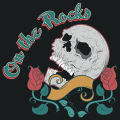 Illustration tattoo skull with roses and ribbon, text On the Rocks. urban style.