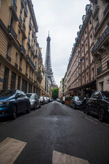 Fototapeta na wymiar Looking down a Street towards the Eiffel Tower