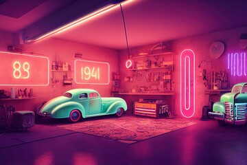 interior design garage with neon lights