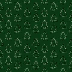 Seamless pattern. Christmas trees, gifts, decor and snowflakes on a green background. Hand drawing illustration