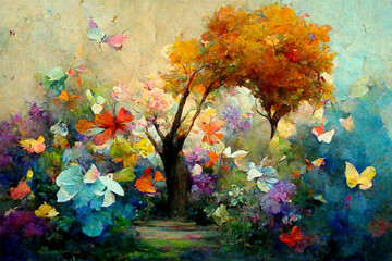 A beautiful Painting of all colors combined, of trees, flowers, and butterflies