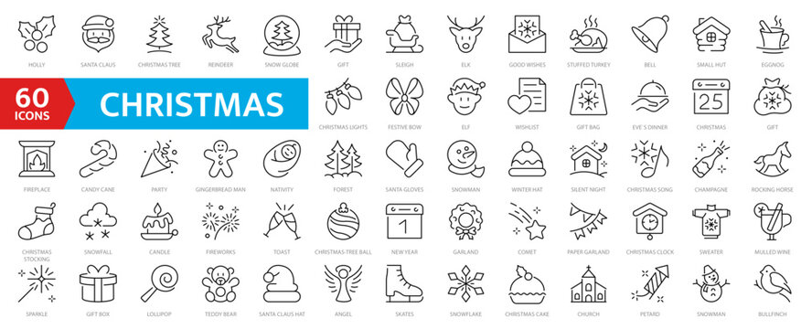 Christmas icons set. Christmas, New Year holidays icon big outline set. Line style collection. XMAS collection.