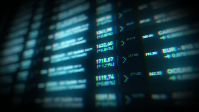 Stock Market And Exchange Board Background/ 
4k animation of a business stock exchange market background with bitcoins currencies data and numbers and close-up of software screen with depth of field