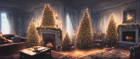 Obraz premium Artistic concept painting of a beautiful festively decorated home with Christmas tree, background illustration