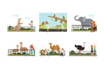 People visiting zoo at weekend set. Visitors watching at elephant, ostrich, alpaca, camel animals in cages cartoon vector illustration - obrazy, fototapety, plakaty