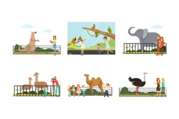 Poster Im Rahmen People visiting zoo at weekend set. Visitors watching at elephant, ostrich, alpaca, camel animals in cages cartoon vector illustration © topvectors