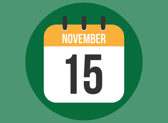 15 November green calendar vector. Calendar november with circle in background clear.